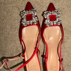 Red, satin, bejeweled kitten heel